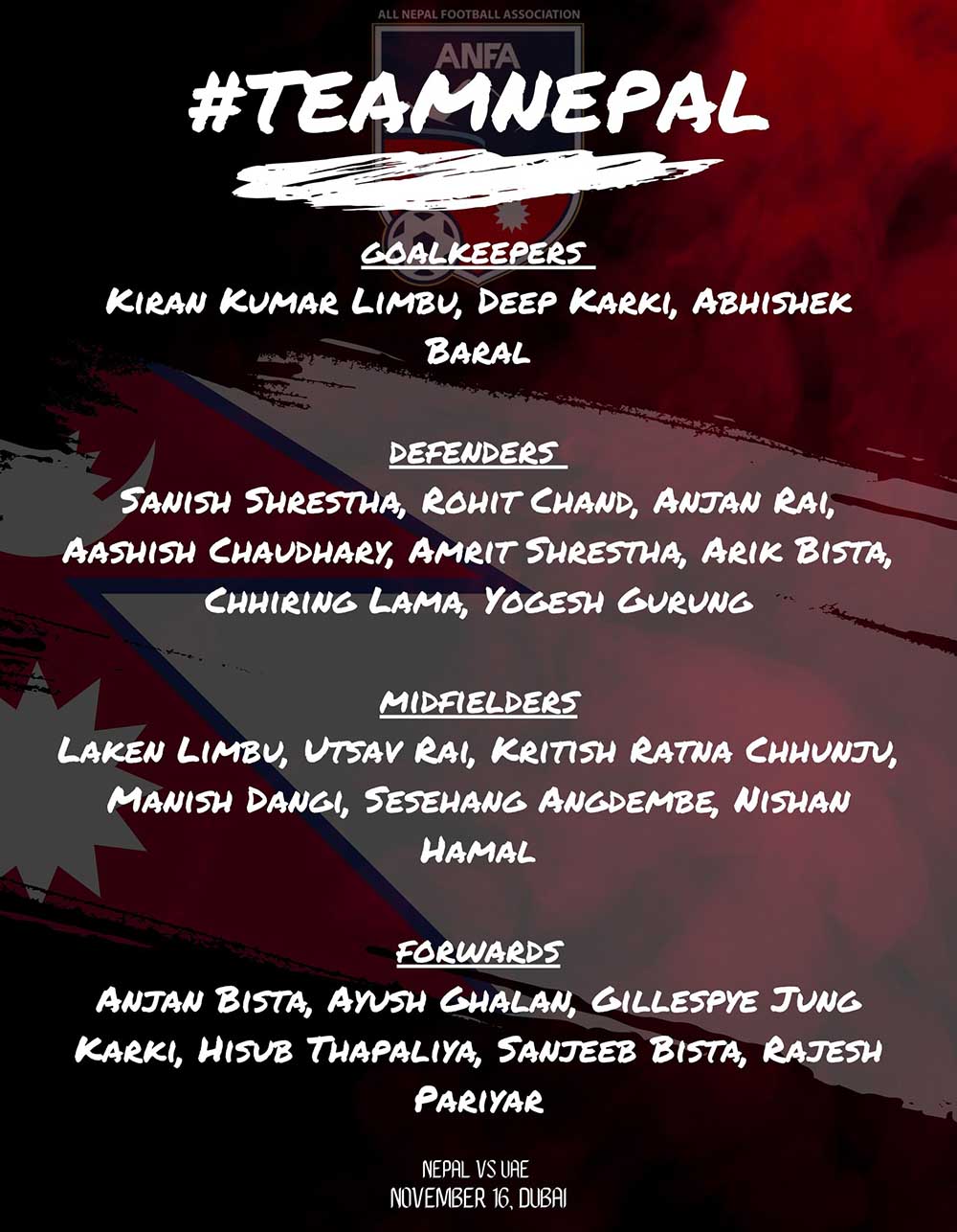 विश्वकप छनोटमा युएईविरुद्ध खेल्ने नेपाली फुटबल टिमको घोषणा